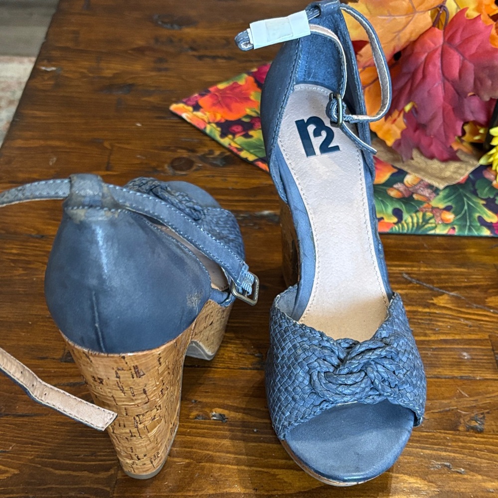 R2 Blue Woven Heels with Cork Detail